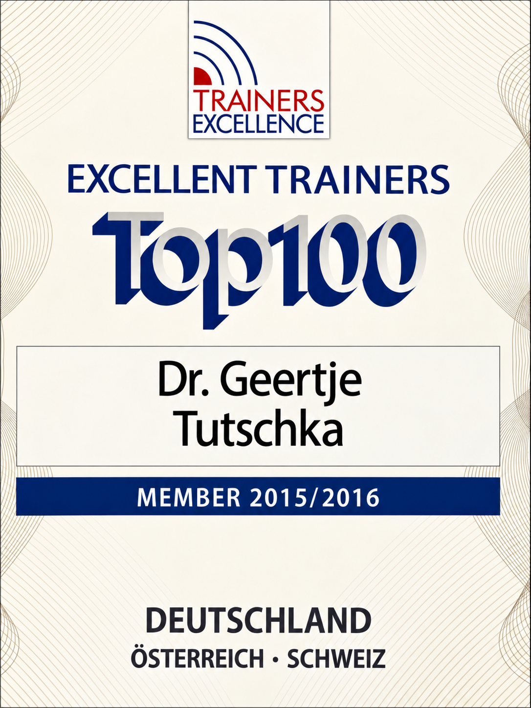 Urkunde Top 100 Excellent Trainers 2015/2016