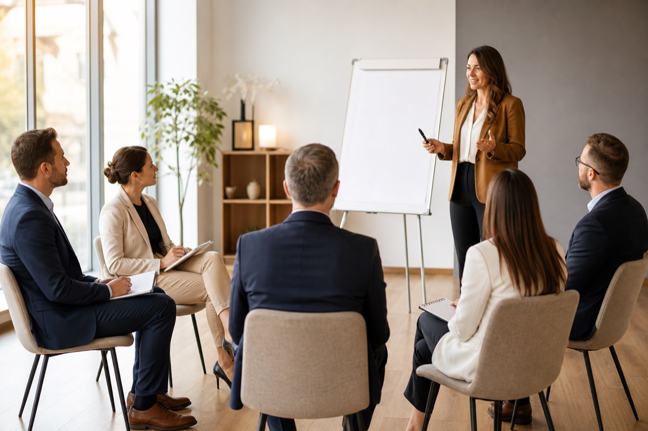 Kleine Gruppe von Juristen nimmt an einem interaktiven Kanzleimarketing-Workshop in einem hellen Seminarraum teil.