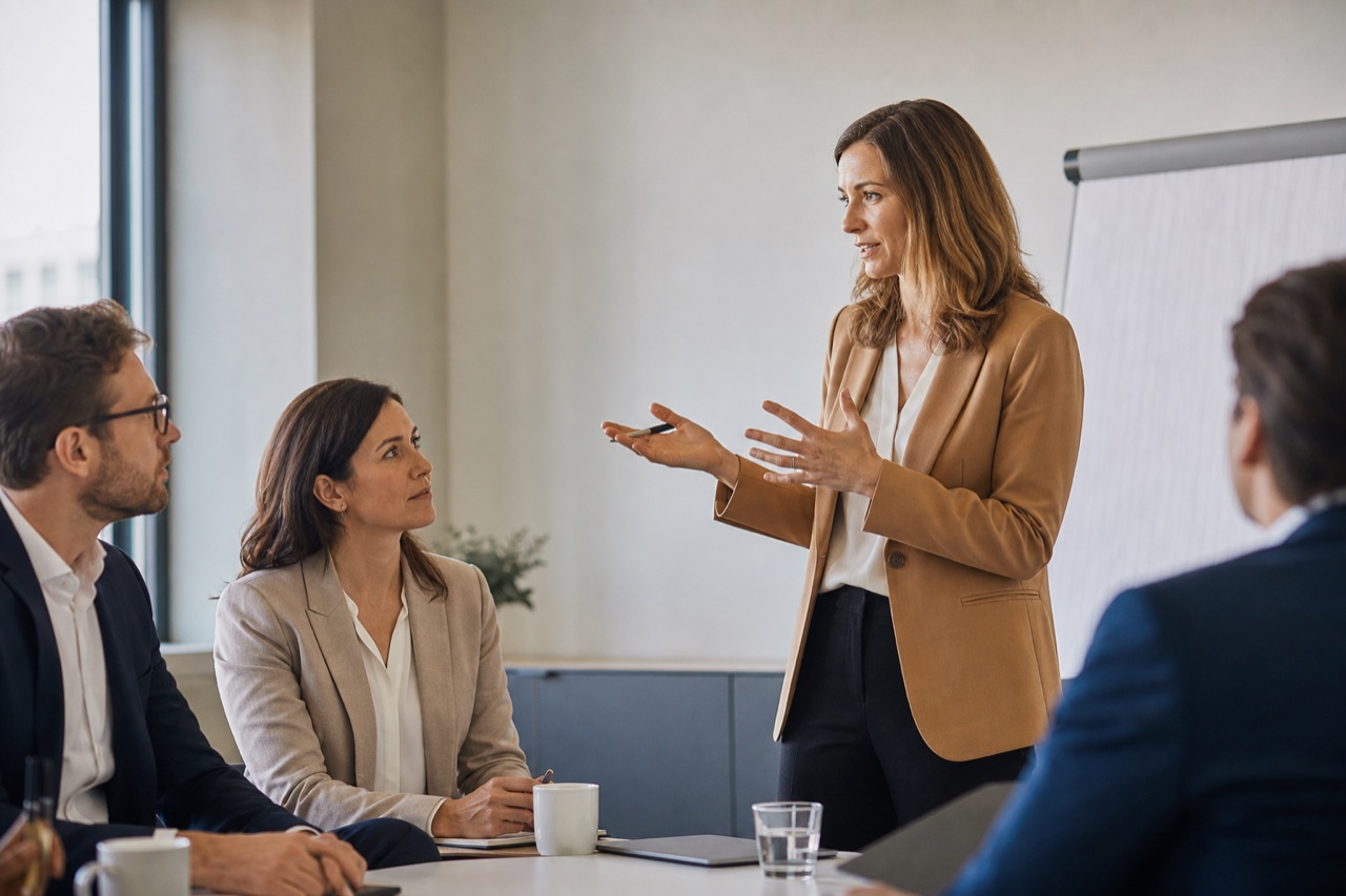 Juristen in einer ICF-akkreditierten Legal-Coaching-Ausbildung, engagiertes Seminar in hellem Schulungsraum.